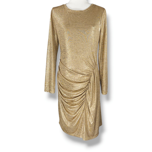 NWT Lauren Ralph Lauren Side Ruched Solid Foil Jersey Sheath Dress Sz. 8 Gold - Picture 3 of 12